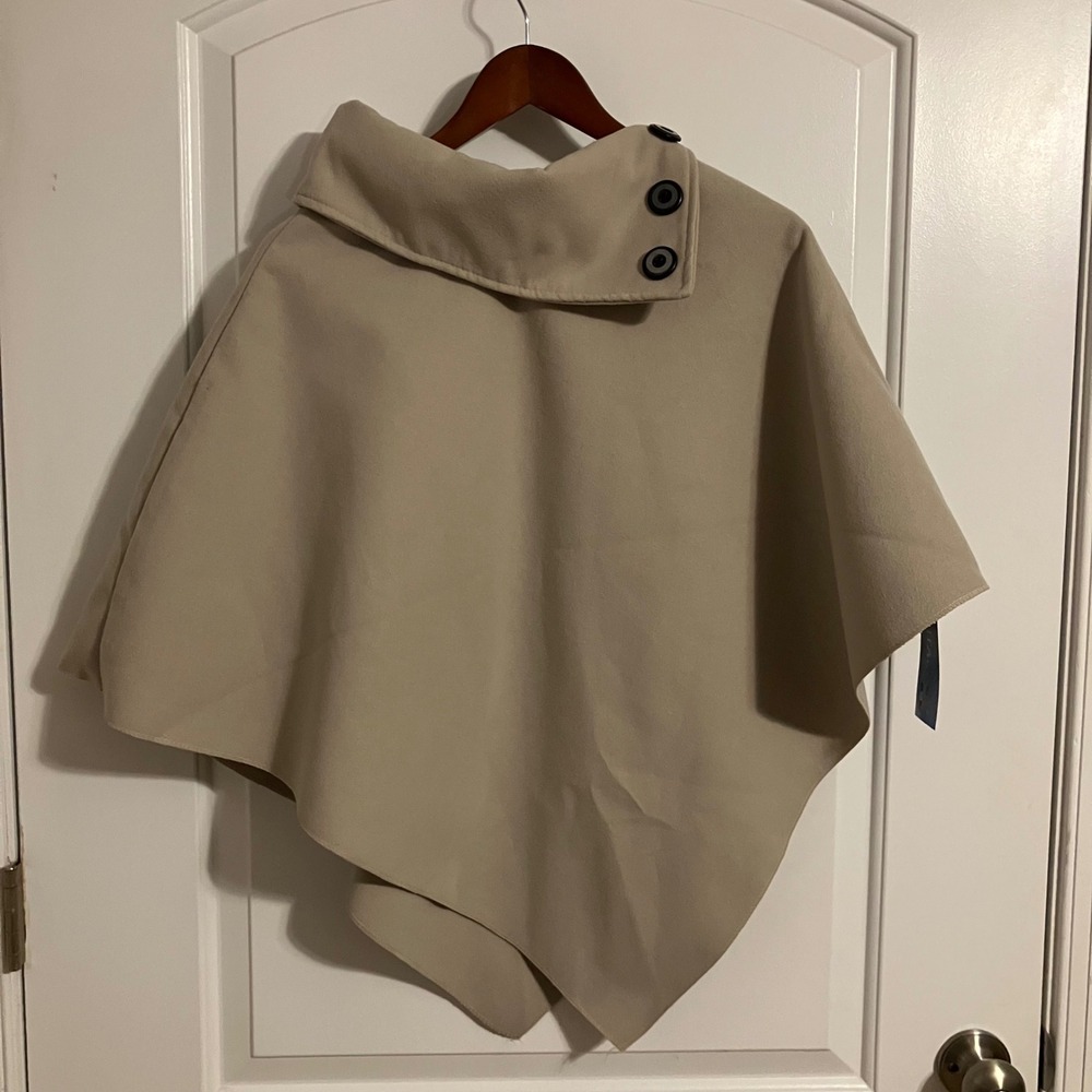 Italy Moda Tan Asymmetrical Button Neck Poncho Wrap Made in Italy Beige OS